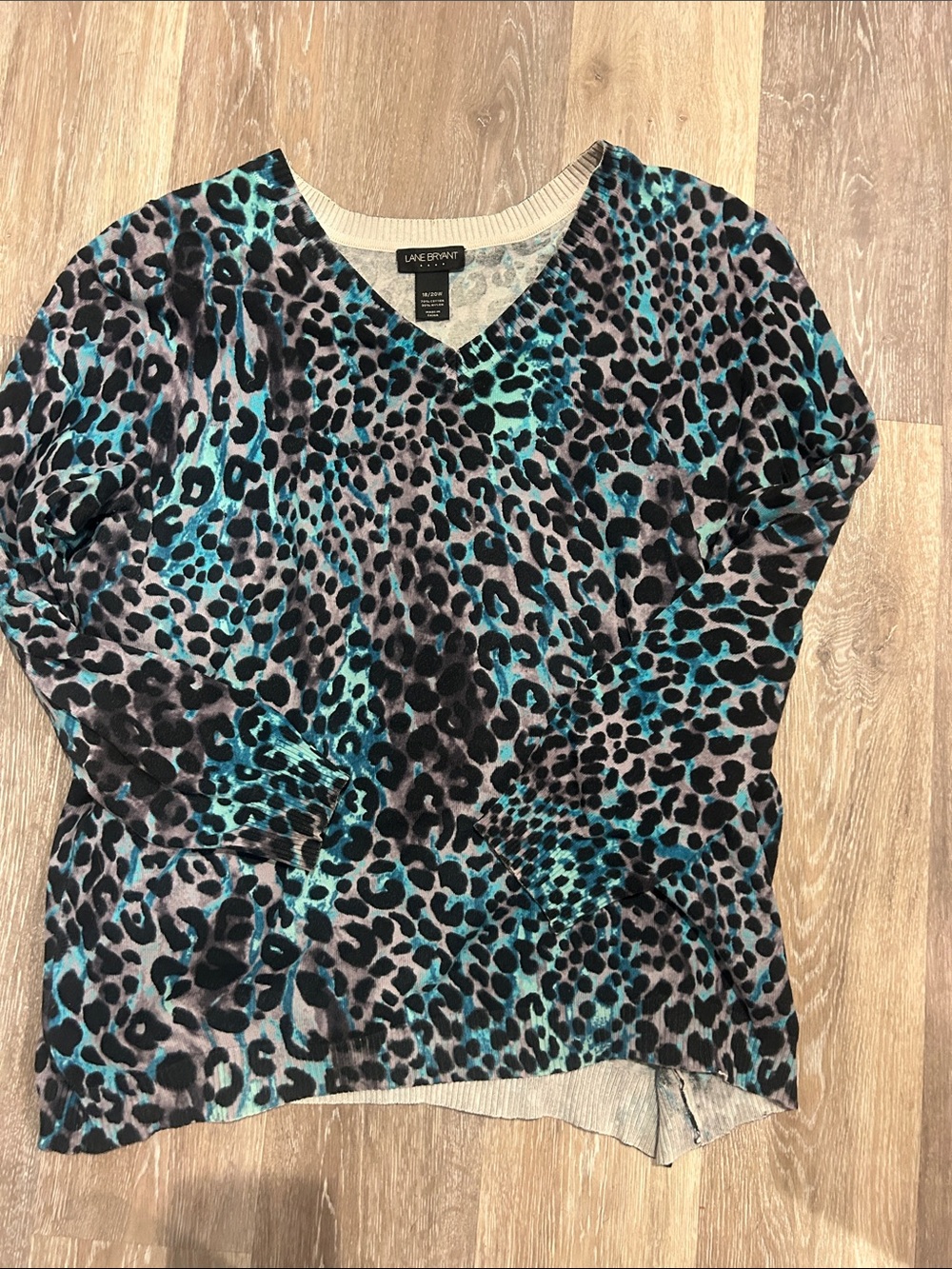 Lane Bryant Teal and Black Leopard V-Neck Sweater